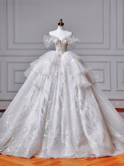 Robe de bal épaules dénudées avec sequins et manches en tulle perles argentées traîne blanche robe de mariée princesse MP048