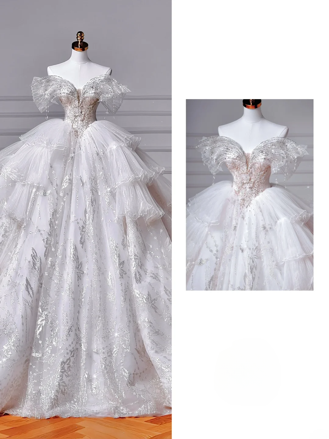 Robe de bal épaules dénudées avec sequins et manches en tulle perles argentées traîne blanche robe de mariée princesse MP048