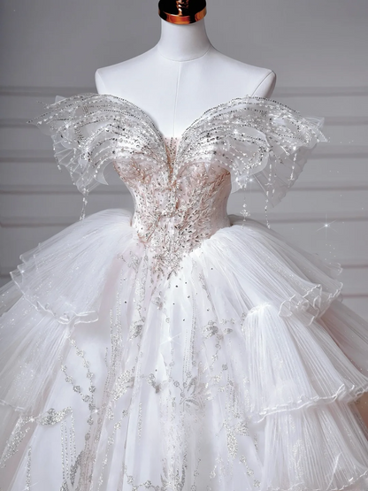 Robe de bal épaules dénudées avec sequins et manches en tulle perles argentées traîne blanche robe de mariée princesse MP048
