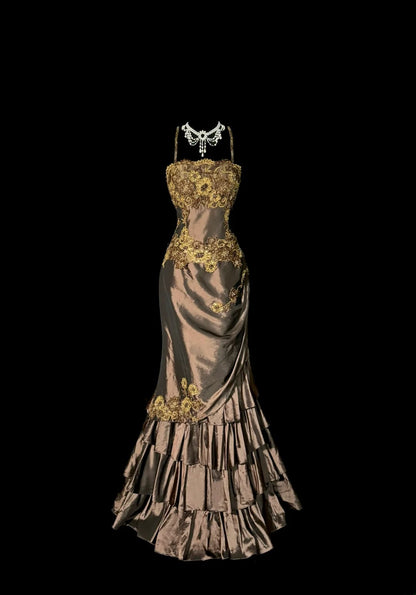 Stunning Mermaid Spaghetti Strap Brown With Applique Sleeveless Long Prom Dresses MP597