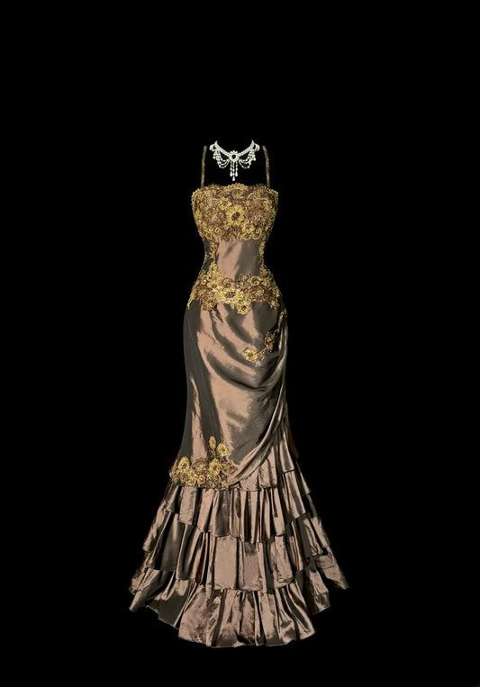 Stunning Mermaid Spaghetti Strap Brown With Applique Sleeveless Long Prom Dresses MP597