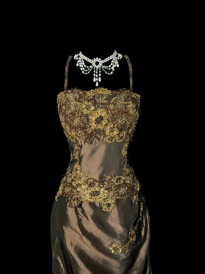 Stunning Mermaid Spaghetti Strap Brown With Applique Sleeveless Long Prom Dresses MP597
