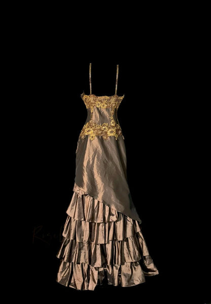 Stunning Mermaid Spaghetti Strap Brown With Applique Sleeveless Long Prom Dresses MP597