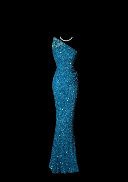 Stunning Mermaid One Shoulder Royal Blue Sequin With Beads Sleeveless Long Prom Dresses MP598