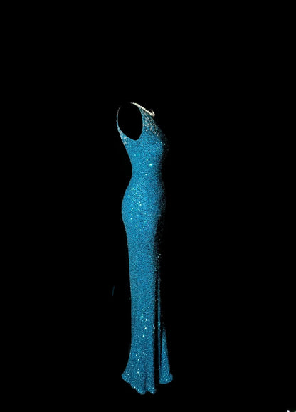 Stunning Mermaid One Shoulder Royal Blue Sequin With Beads Sleeveless Long Prom Dresses MP598