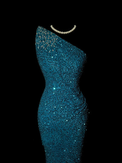 Stunning Mermaid One Shoulder Royal Blue Sequin With Beads Sleeveless Long Prom Dresses MP598