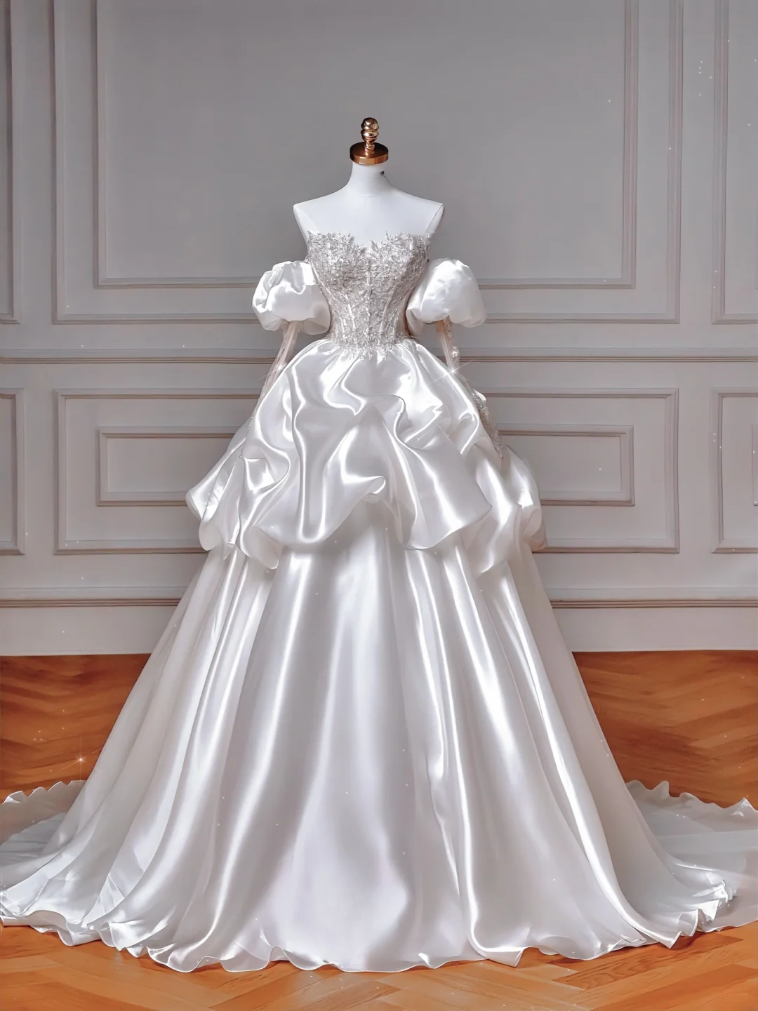 Prinzessin Ballkleid Herzförmiger Ausschnitt Satin Mit langen Ärmeln Perlenbesetztes Oberteil Applikationen Prinzessin Brautkleider Hochzeitskleid MP049
