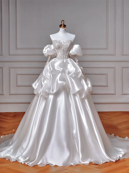 Prinzessin Ballkleid Herzförmiger Ausschnitt Satin Mit langen Ärmeln Perlenbesetztes Oberteil Applikationen Prinzessin Brautkleider Hochzeitskleid MP049