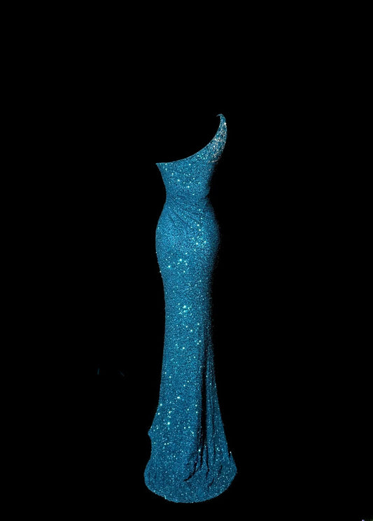 Stunning Mermaid One Shoulder Royal Blue Sequin With Beads Sleeveless Long Prom Dresses MP598