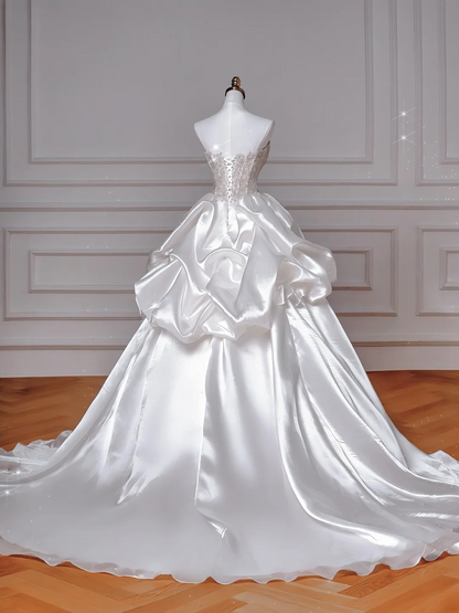 Prinzessin Ballkleid Herzförmiger Ausschnitt Satin Mit langen Ärmeln Perlenbesetztes Oberteil Applikationen Prinzessin Brautkleider Hochzeitskleid MP049