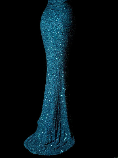 Stunning Mermaid One Shoulder Royal Blue Sequin With Beads Sleeveless Long Prom Dresses MP598