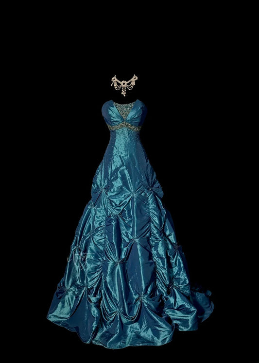 Gorgeous Ball Gown Strapless Blue Satin With Silver Beads Sleeveless Long Prom Dresses MP599