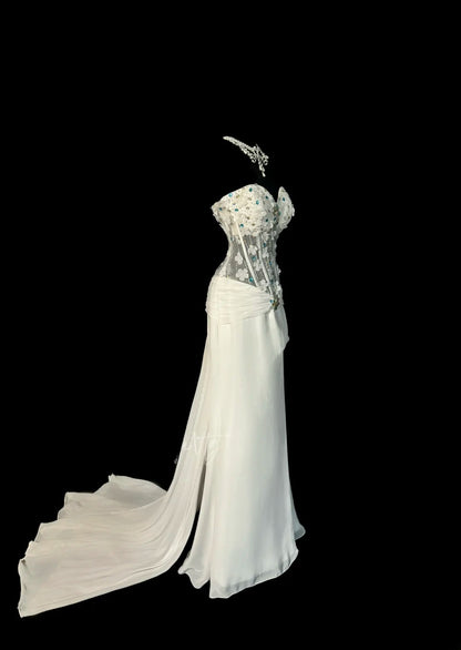 Gorgeous Mermaid Sweetheart White Chiffon With Silver Beads Flowers Sleeveless Long Prom Dresses MP600