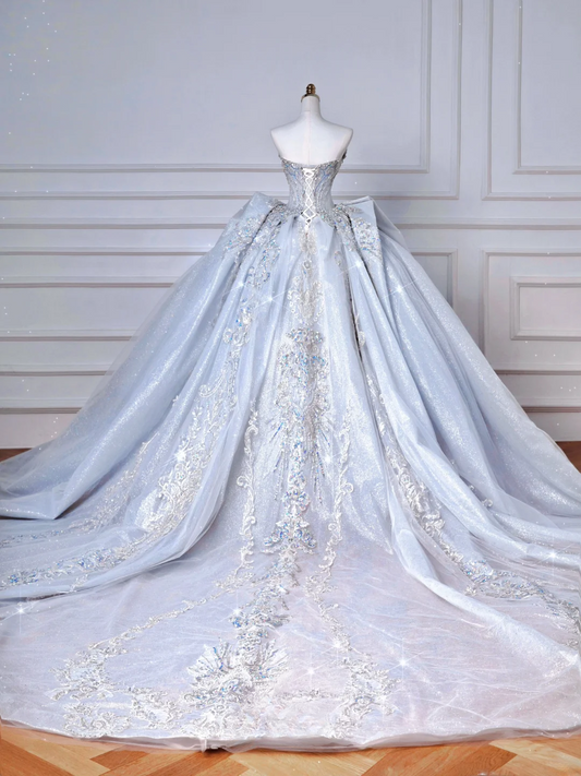 Princess Ball Gown Sweetheart Sequin Sparkle Light Blue With Crystals Beaded Bodice Appliques Princess Bridal Gowns Wedding Dresses MP050