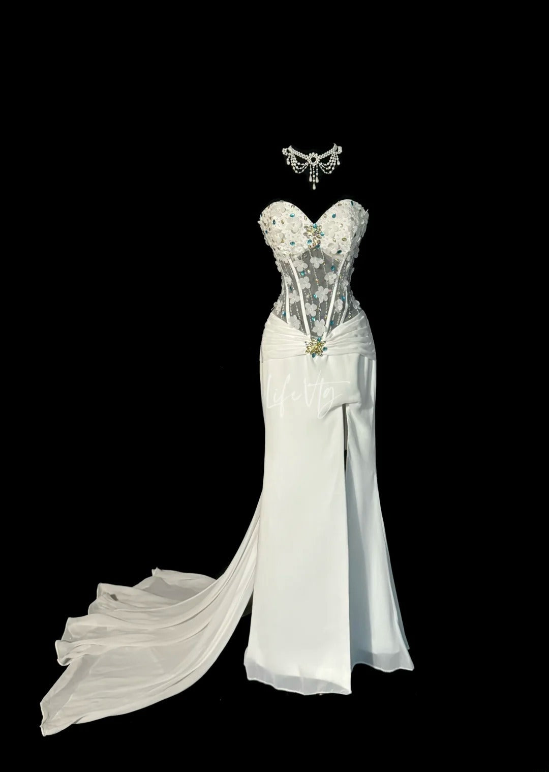Gorgeous Mermaid Sweetheart White Chiffon With Silver Beads Flowers Sleeveless Long Prom Dresses MP600