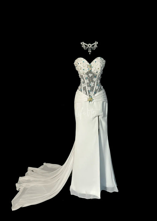 Gorgeous Mermaid Sweetheart White Chiffon With Silver Beads Flowers Sleeveless Long Prom Dresses MP600