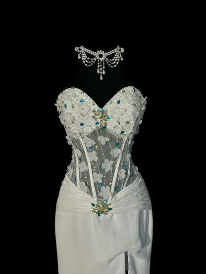 Gorgeous Mermaid Sweetheart White Chiffon With Silver Beads Flowers Sleeveless Long Prom Dresses MP600
