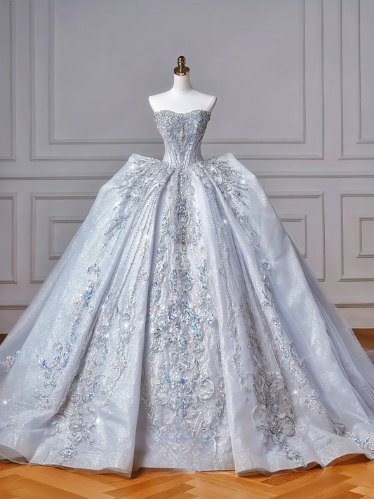 Princess Ball Gown Sweetheart Sequin Sparkle Light Blue With Crystals Beaded Bodice Appliques Princess Bridal Gowns Wedding Dresses MP050
