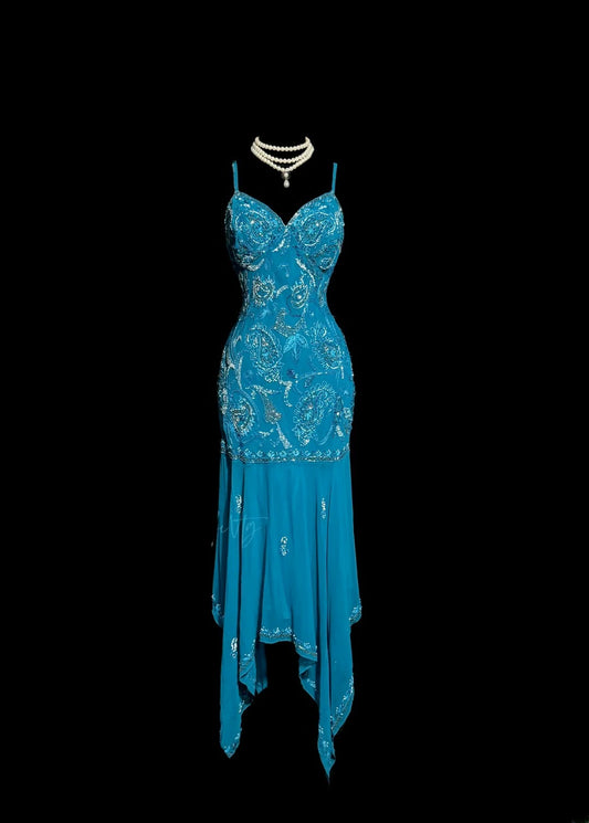 Classy A line Spaghetti Strap Blue Chiffon With Silver Beaded Sleeveless Mid Length Prom Dresses MP636