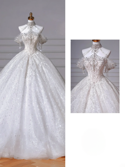 Ballkleid Schulterfrei Pailletten mit Tüllärmeln Silberne Perlen Weiß Schleppe Prinzessinnen Brautkleider Hochzeitskleider MP051
