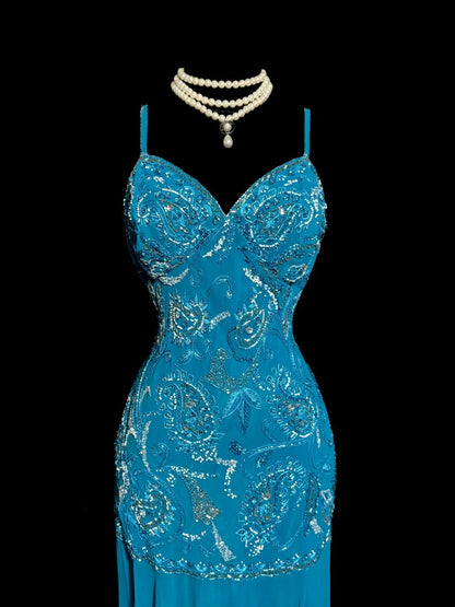 Classy A line Spaghetti Strap Blue Chiffon With Silver Beaded Sleeveless Mid Length Prom Dresses MP636