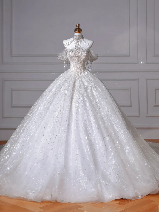Ball Gown Off The Shoulder Sequin With Tulle Sleeves Silver Beads White Sweep Train Princess Bridal Gowns Wedding Dresses MP051