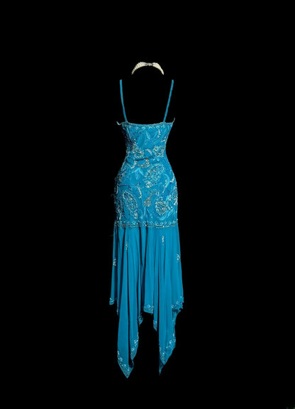 Classy A line Spaghetti Strap Blue Chiffon With Silver Beaded Sleeveless Mid Length Prom Dresses MP636