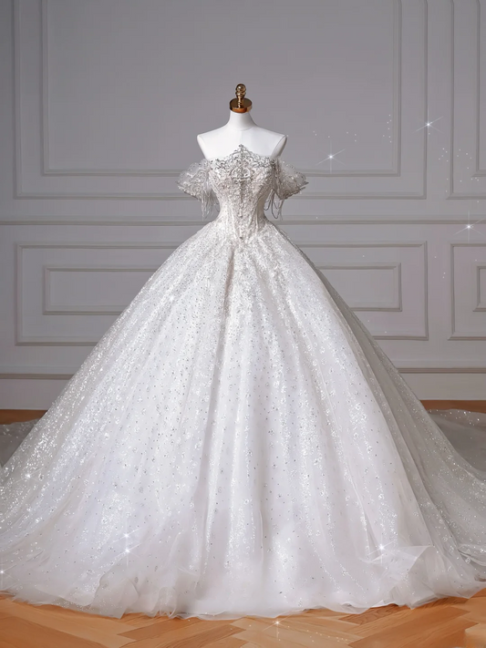 Ball Gown Off The Shoulder Sequin With Tulle Sleeves Silver Beads White Sweep Train Princess Bridal Gowns Wedding Dresses MP051