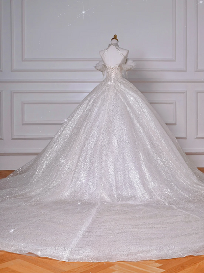 Ballkleid Schulterfrei Pailletten mit Tüllärmeln Silberne Perlen Weiß Schleppe Prinzessinnen Brautkleider Hochzeitskleider MP051