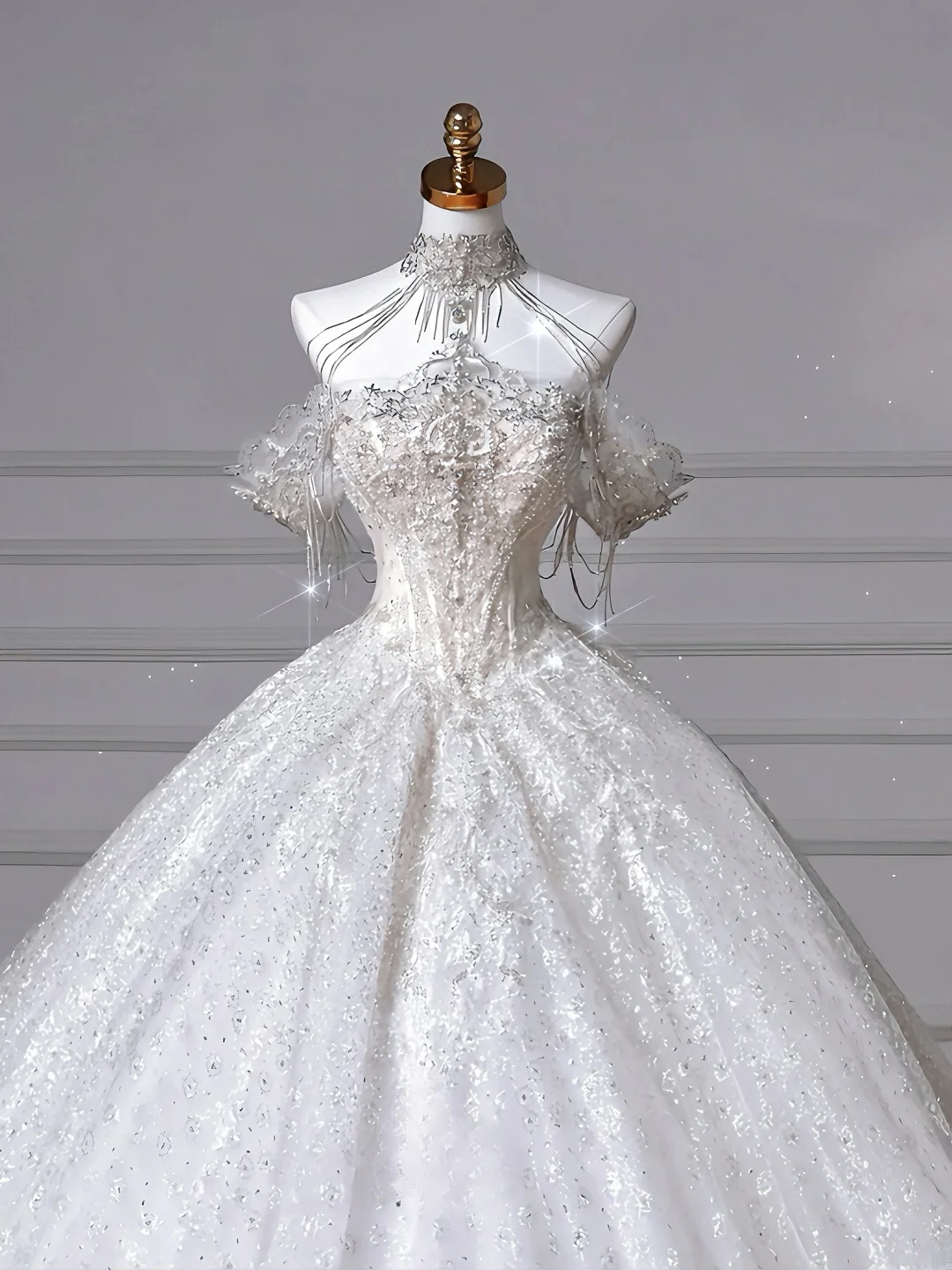 Ballkleid Schulterfrei Pailletten mit Tüllärmeln Silberne Perlen Weiß Schleppe Prinzessinnen Brautkleider Hochzeitskleider MP051