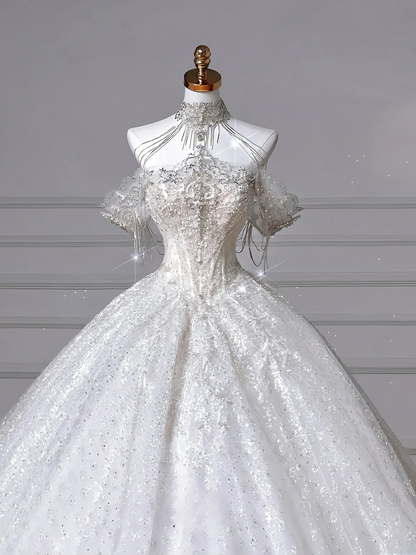 Ballkleid Schulterfrei Pailletten mit Tüllärmeln Silberne Perlen Weiß Schleppe Prinzessinnen Brautkleider Hochzeitskleider MP051