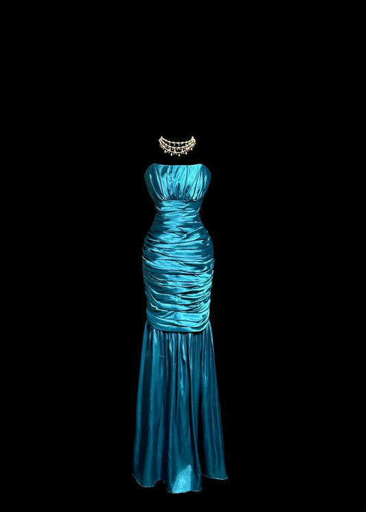 Classy Mermaid Strapless Blue Satin With Pleated Sleeveless Floor Length Prom Dresses MP637