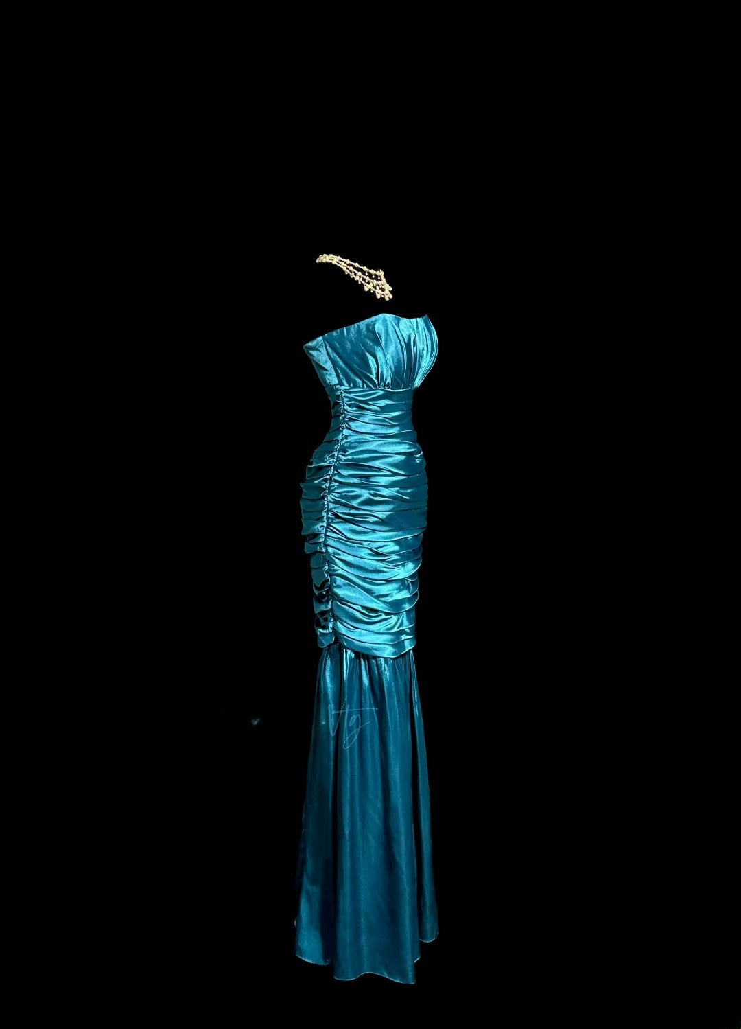 Classy Mermaid Strapless Blue Satin With Pleated Sleeveless Floor Length Prom Dresses MP637