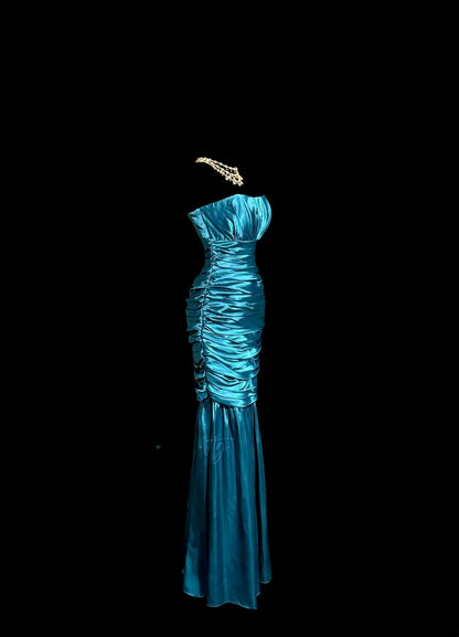 Classy Mermaid Strapless Blue Satin With Pleated Sleeveless Floor Length Prom Dresses MP637