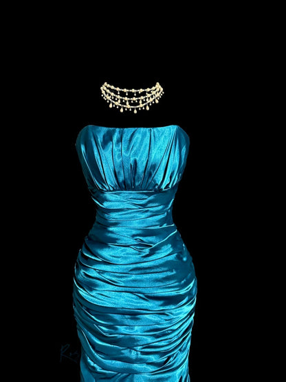 Classy Mermaid Strapless Blue Satin With Pleated Sleeveless Floor Length Prom Dresses MP637