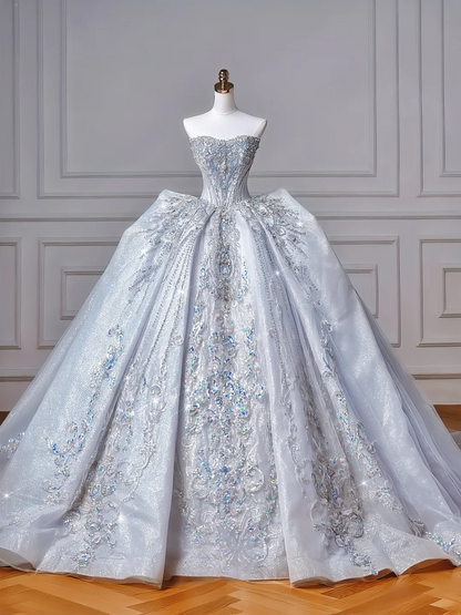 Prinzessin Ballkleid Herzförmiger Ausschnitt Pailletten Glitzer Hellblau Mit Kristallen Perlenbesetztes Oberteil Applikationen Prinzessin Brautkleider Hochzeitskleider MP050