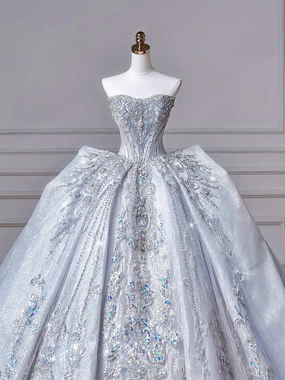 Prinzessin Ballkleid Herzförmiger Ausschnitt Pailletten Glitzer Hellblau Mit Kristallen Perlenbesetztes Oberteil Applikationen Prinzessin Brautkleider Hochzeitskleider MP050