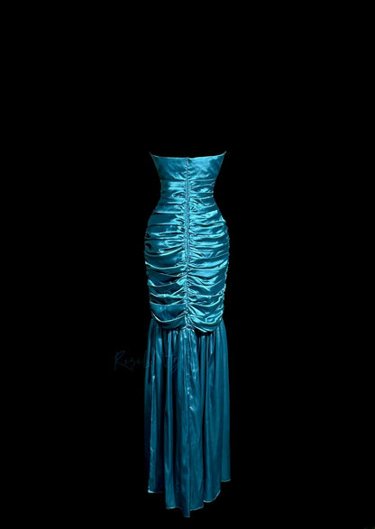 Classy Mermaid Strapless Blue Satin With Pleated Sleeveless Floor Length Prom Dresses MP637