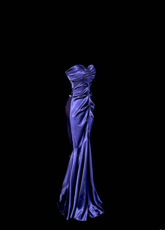 Classy Mermaid Sweetheart Purple Satin With Pleated Sleeveless Floor Length Prom Dresses MP638