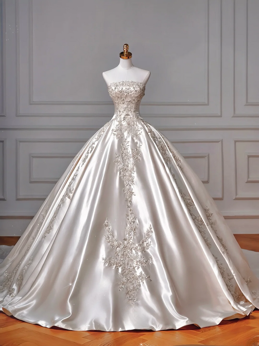 Wedding Dresses Fairytale Princesses Ball Gown Strapless Appliques Satin With Beads Sweep Train Bodice Bridal Gown Wedding Dresses MP052