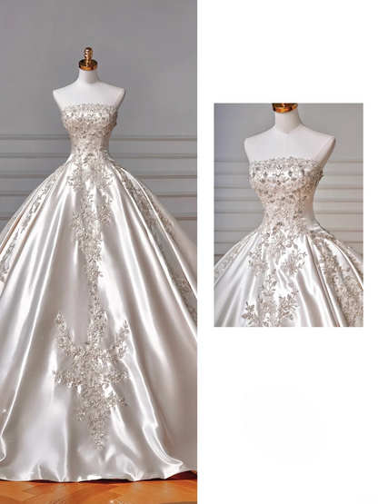 Robes de mariée Princesse Conte de fées Robe de bal Bustier Appliques Satin Perles Traîne balayée Corsage Robe de mariée Robes de mariée MP052