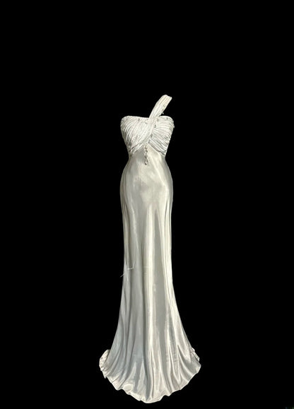 Elegantes Meerjungfrauenkleid mit einer Schulter, Silber, mit Perlenbesatz, ärmellos, bodenlang, für den Abschlussball, MP640