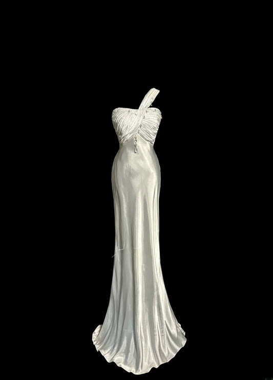 Classy Mermaid One Shoulder Silver With Beaded Sleeveless Floor Length Prom Dresses MP640