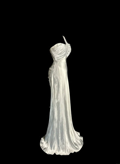 Elegantes Meerjungfrauenkleid mit einer Schulter, Silber, mit Perlenbesatz, ärmellos, bodenlang, für den Abschlussball, MP640