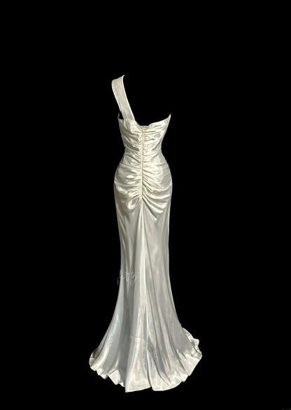 Elegantes Meerjungfrauenkleid mit einer Schulter, Silber, mit Perlenbesatz, ärmellos, bodenlang, für den Abschlussball, MP640