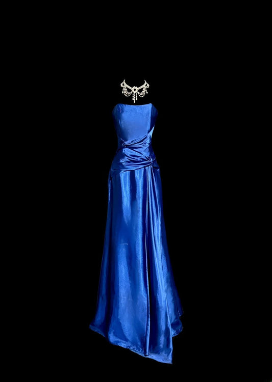 Classy Mermaid Strapless Royal Blue With Pleated Sleeveless Floor Length Prom Dresses MP641