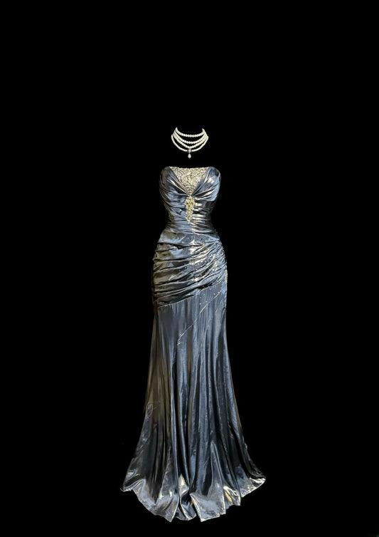 Glamorous Mermaid Strapless Grey With Pleated Gold Beaded Sleeveless Floor Length Prom Dresses MP642