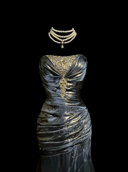 Glamorous Mermaid Strapless Grey With Pleated Gold Beaded Sleeveless Floor Length Prom Dresses MP642