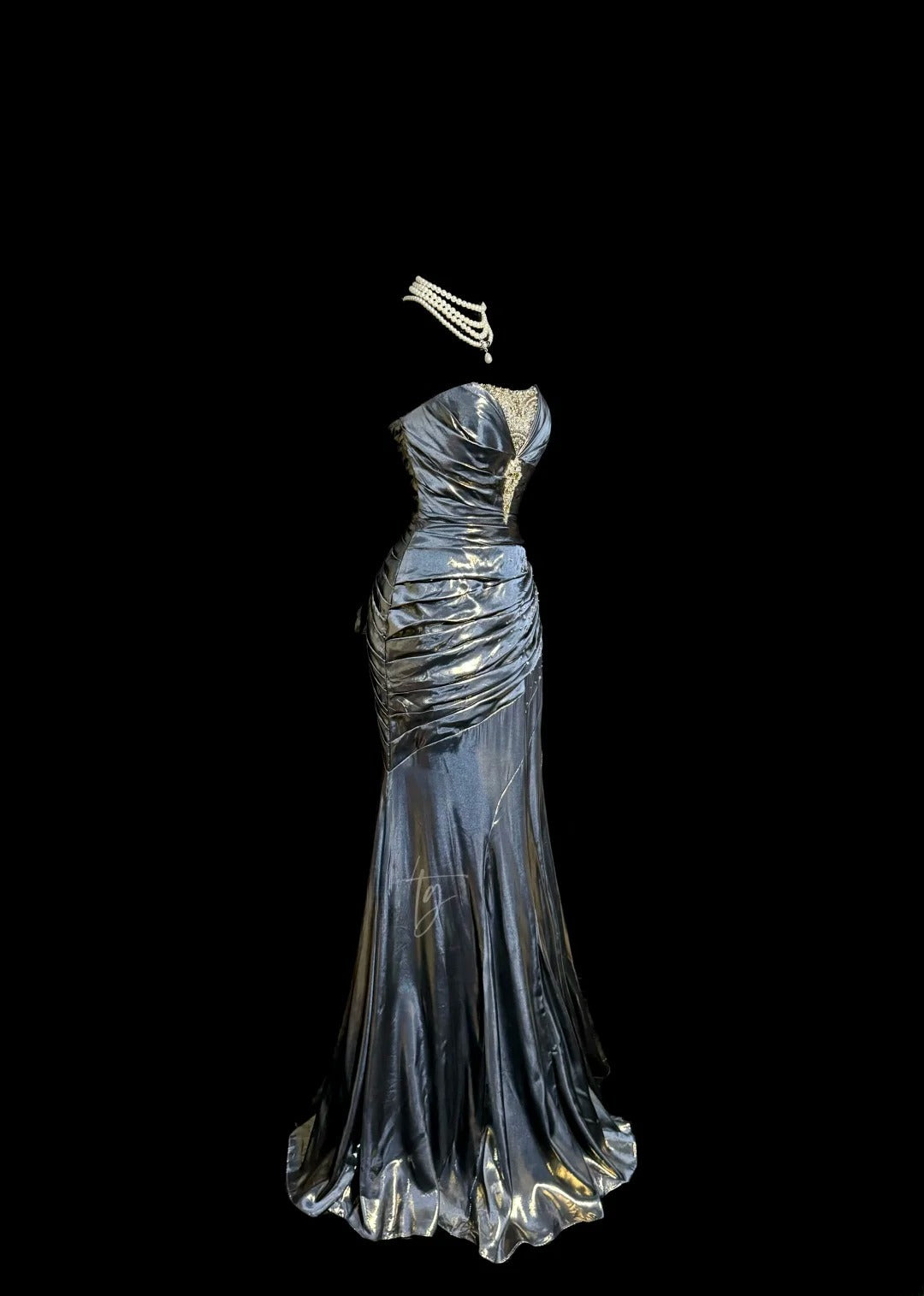 Glamorous Mermaid Strapless Grey With Pleated Gold Beaded Sleeveless Floor Length Prom Dresses MP642