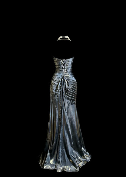 Glamorous Mermaid Strapless Grey With Pleated Gold Beaded Sleeveless Floor Length Prom Dresses MP642